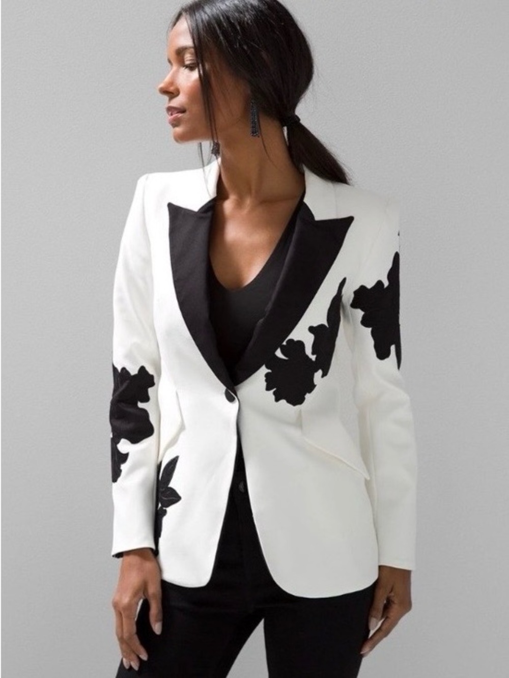 White House Black Market Floral Applique Editor Blazer Jacket Comfort Stretch 4